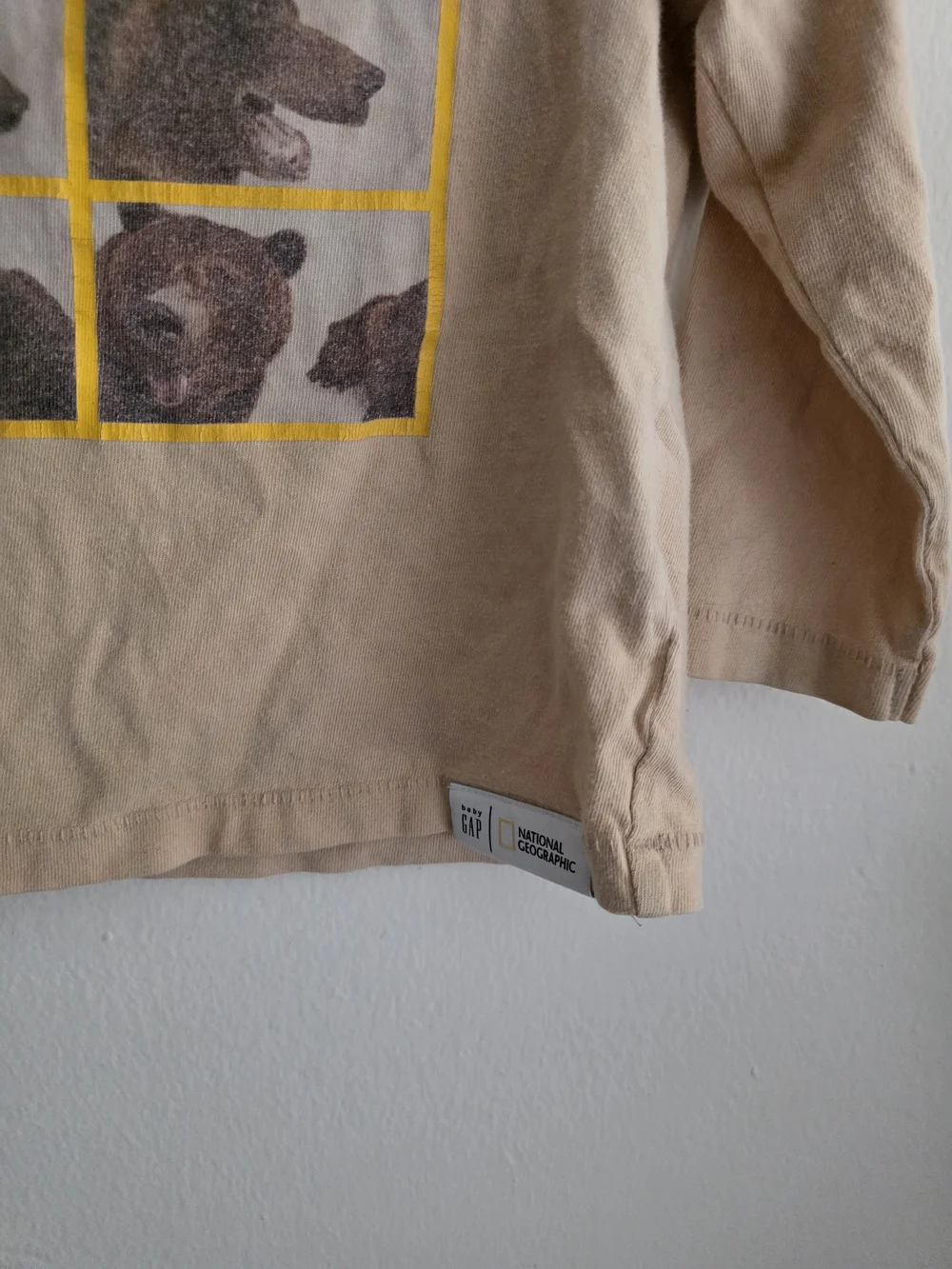 GAP Beige Long-Sleeve Tee with Bear Grid Graphic